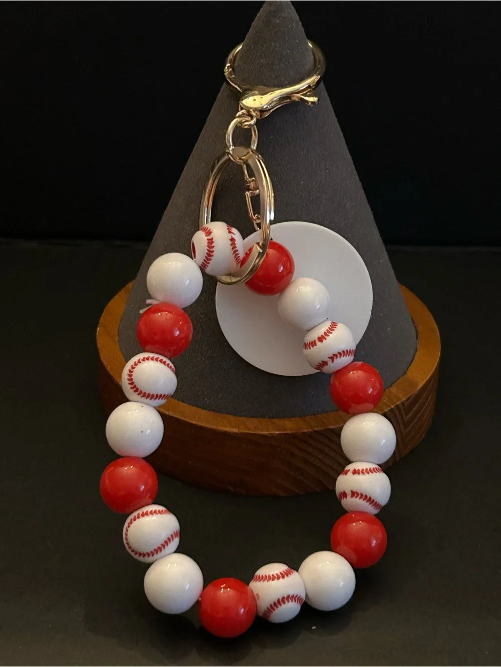 Red and White Baseball ⚾️ Beaded Wrist Keyring Bag Charm Keychain w/Gold Clasps